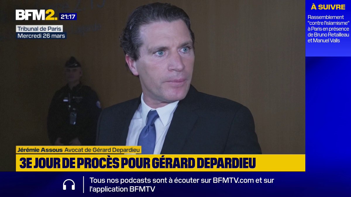 💬 "Il n'y avait pas d'agression sexuelle. C'est juste un énorme mensonge" Jérémie Assous, avocat de Gérard Depardieu, réagit à l'issue du troisième jour du procès de l'acteur jugé au tribunal de Paris pour agression sexuelle
