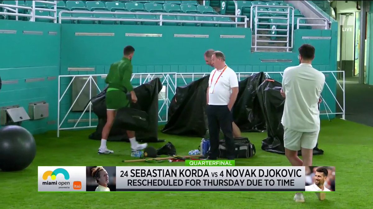 Novak Djokovic's #MiamiOpen quarterfinal match vs Sebi Korda is rescheduled for Thursday due to a late start time. Was this the right call? 🤔 #TCLive