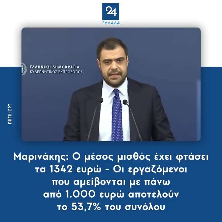 Μαρινάκης: Ο μέσος μισθός έχει φτάσει τα 1342 ευρώ - Οι εργαζόμενοι που αμείβονται με πάνω από 1.000 ευρώ αποτελούν το 53,7% του συνόλου