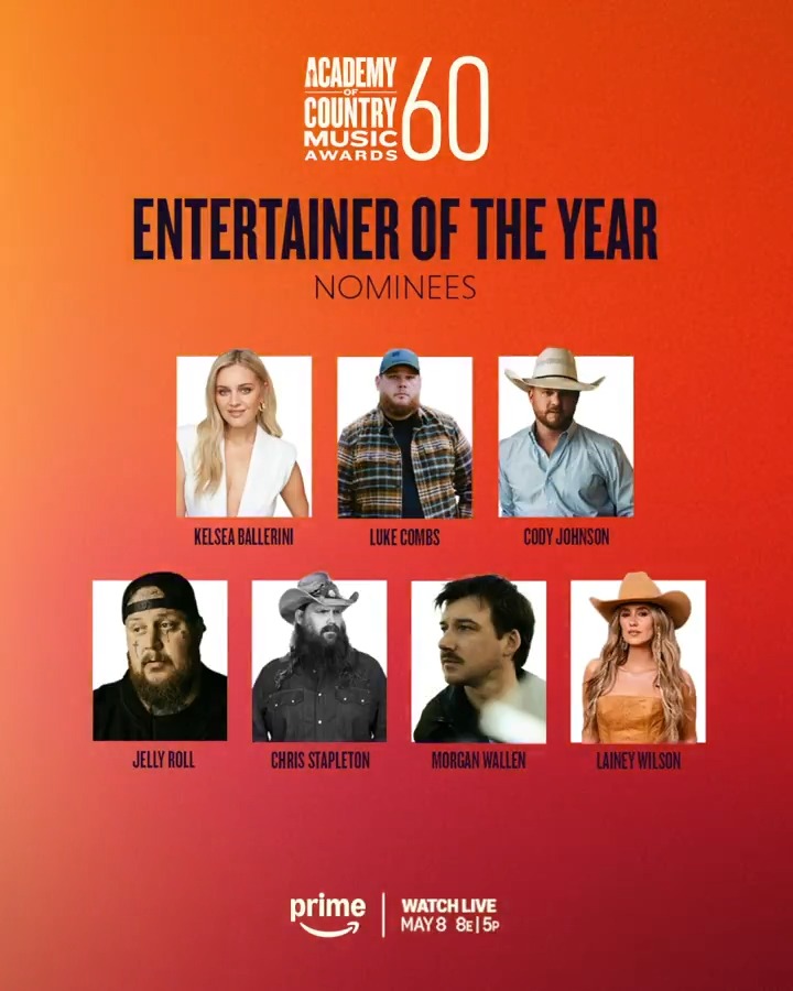 #ACMawards Entertainer of the Year Nominees: ⭐️ @kelseaballerini ⭐️ Luke Combs 🎤 ⭐️ Cody Johnson ⭐️ Jelly Roll ⭐️ Chris Stapleton ⭐️ morgan wallen ⭐️ Lainey Wilson