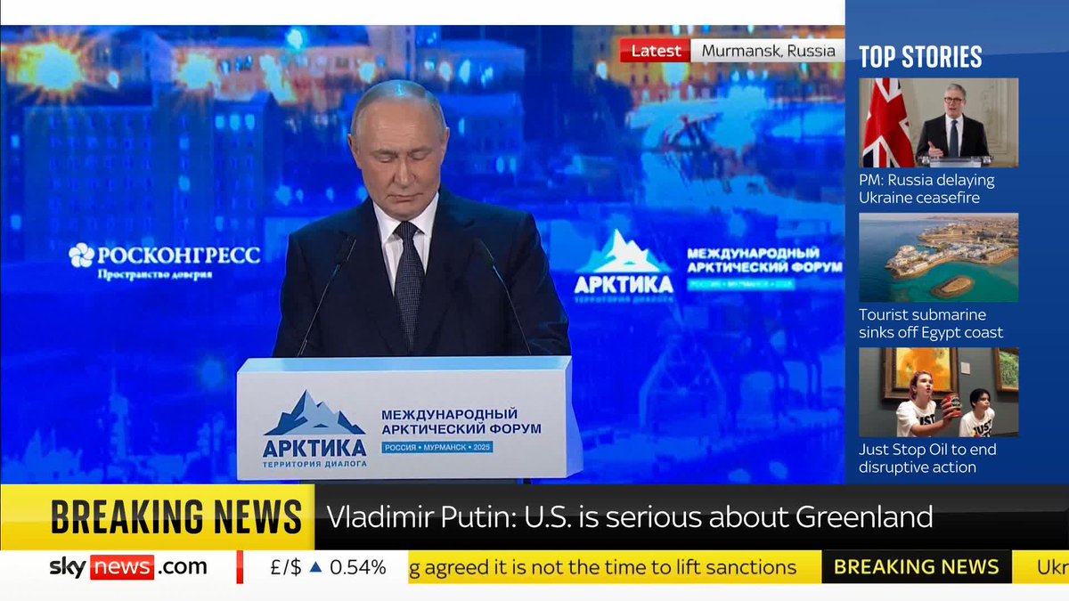 BREAKING: The US is serious about Greenland, and it is 'not eccentric talk' from the new Trump administration, Russian President Vladimir Putin says in his address to members of the International Arctic Forum. 📺 Sky 501