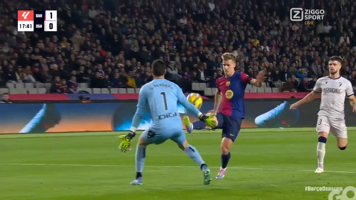 Déjà vu 🔙 Olmo stapt vol vertrouwen naar de stip. Herrera stopt de eerste inzet, maar de VAR grijpt in… 👀 #ZiggoSport #LaLiga #BarçaOsasuna