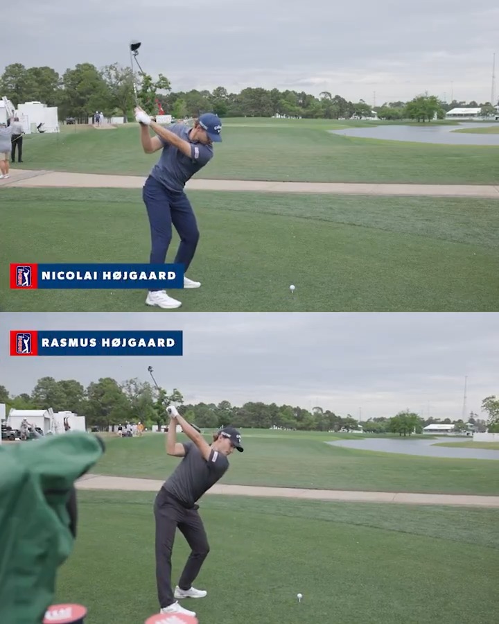 Identical looks, different swings 🏌️‍♂️🏌️‍♂️ Twins Rasmus and Nicolai Højgaard teed it up together Texas Children’s Houston Open.