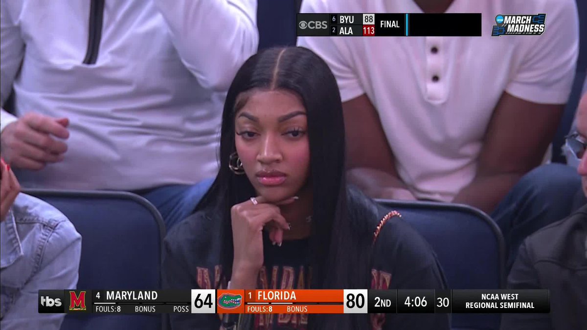 Angel Reese does not appear pleased. Her younger brother's Terps trail by 16 late in the Sweet 16.