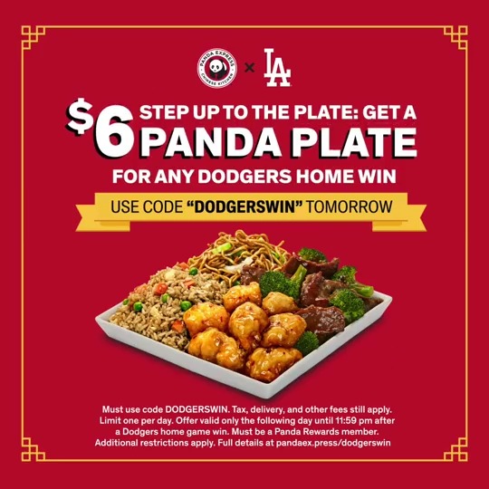 The first Panda Plate of the season. When the Dodgers win, you win! Visit to learn more and get your $6 Panda Plate.