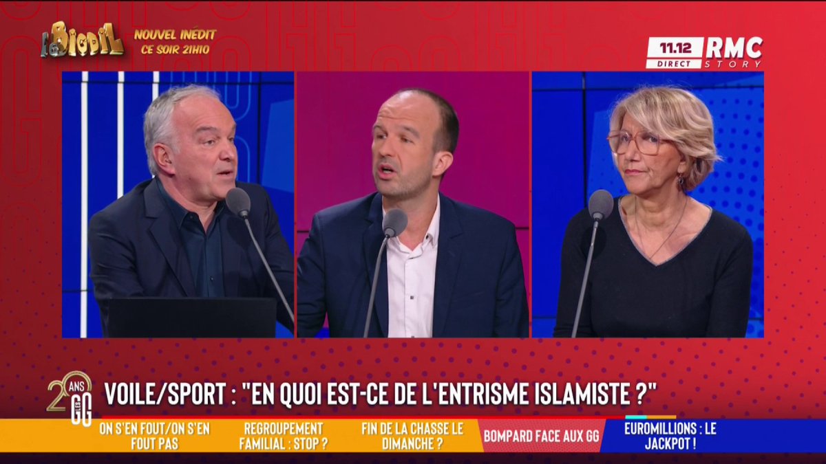 🧕 Le port du voile dans le sport : clash sur le plateau des GG ! 💥 Zohra Rose Bitan 🌹🎗️SoutienFD0🦩 : "Il y a un islam politique conquérant qui n'a rien à voir avec la laïcité." 💥 Manuel Bompard : "En quoi est-ce de l'entrisme islamiste ? Foutez-leur la paix aux musulmans." #GGRMC