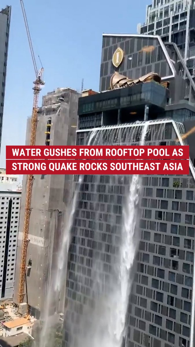 WATCH: Water from a rooftop pool falls hundreds of feet to the ground below during a massive 7.7 magnitude earthquake that rocked Burma and Thailand.