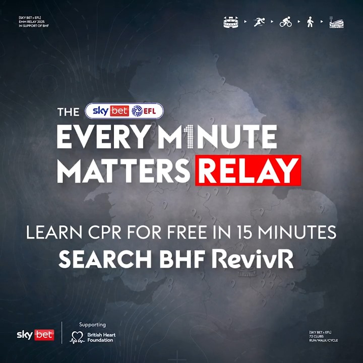 The Sky Bet EFL Every Minute Matters Relay. 🖤 Derby County are delighted to be a part of an amazing cause, raising awareness to learn CPR with all 72 #EFL clubs participating in a relay. Tap below to learn CPR for free in just 15 minutes.