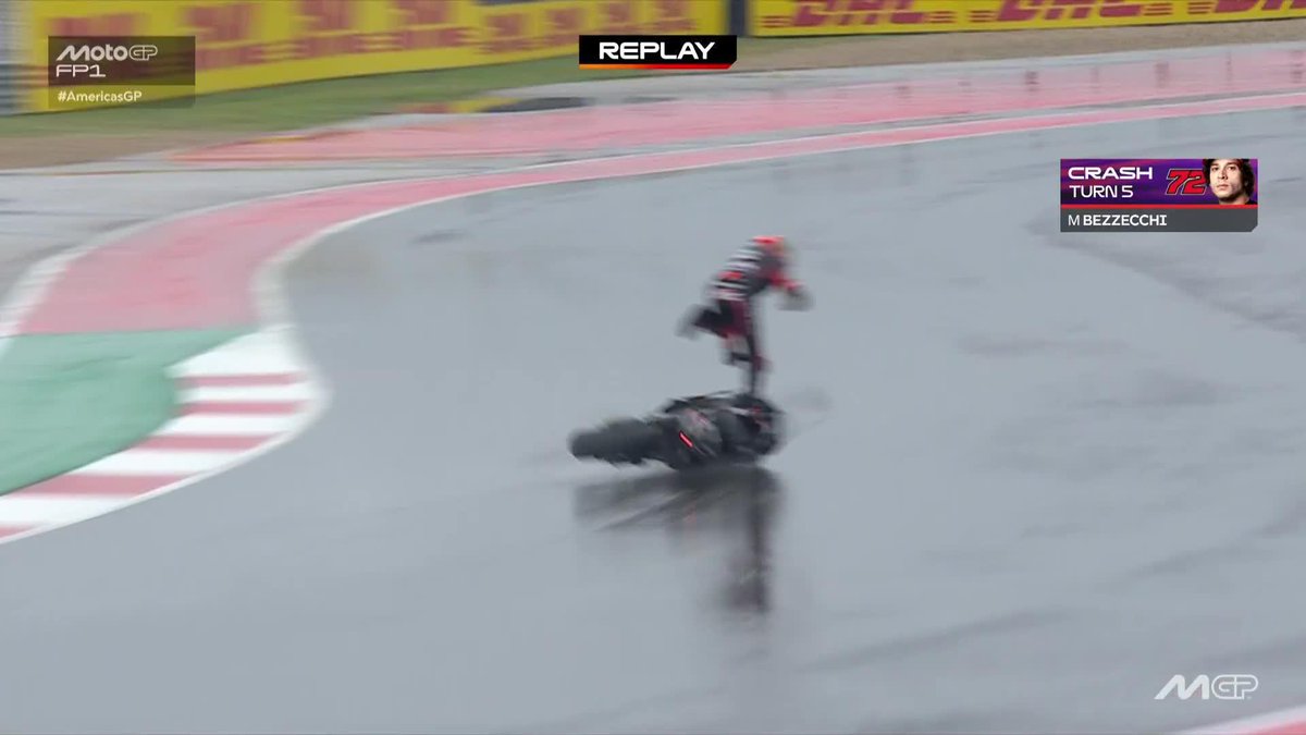 When it rains, it pours 💔 Bez' horrific morning continues with a highside at T5, but he's back on his feet! #AmericasGP 🇺🇸