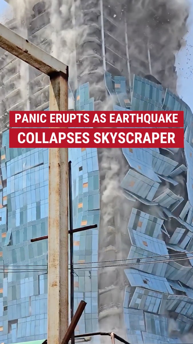 Harrowing footage shows the moment a 7.7-magnitude earthquake topples a skyscraper in Bangkok, Thailand and sends people running for their lives.