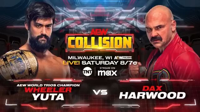 TOMORROW 03/29! #AEWCollision Milwaukee, WI LIVE at 8ET / 7CT on @TNTDrama + @SportsOnMax Wheeler Yuta vs Dax Harwood Rated FTR begins the hunt for the AEW World Trios Titles at #AEWDynasty and TOMORROW 1/3 of the Champions YUTA COLLIDES with Dax FTR!