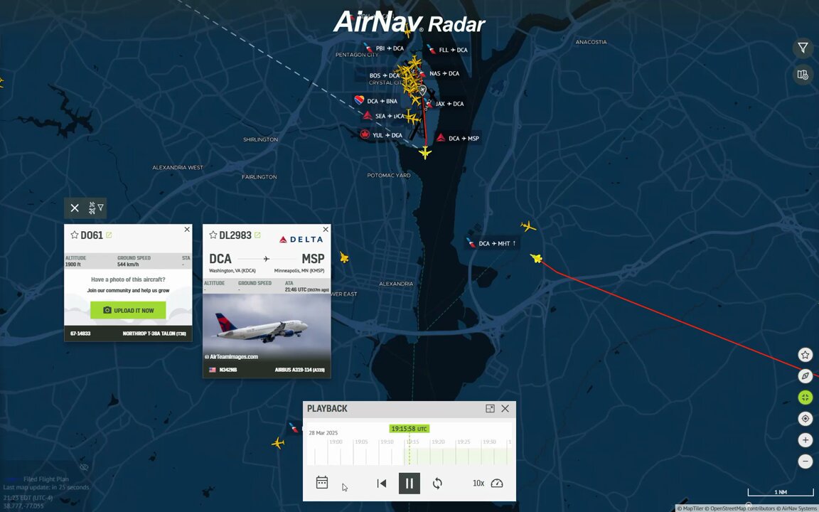 🚨 Close Call at Washington (DCA): Delta A319 & USAF T-38 Jet 🚨 A tense moment unfolded at Ronald Reagan Washington National Airport (DCA) on Friday (28) when a Delta Air Lines Airbus A319 (Reg. N342NB) taking off came into close proximity with a US Air Force T-38 jet (67-1833), a supersonic trainer frequently used for military pilot training. 🔹 Delta flight #DL2983 was departing DCA at 3:15 PM ET (7:15 PM UTC), bound for Minneapolis-St. Paul International Airport (MSP) on a routine flight. 🔹 Our data reveals the T-38 jet flew past the Delta aircraft at 800 feet, traveling at 350+ mph. 🔹 The military jet took off from and later returned to Langley Air Force Base (LFI) in Virginia. 📡 View the data & replay the flight: 🔗 #Aviation #FlightTracking #Delta #USAF #T38 #DCA