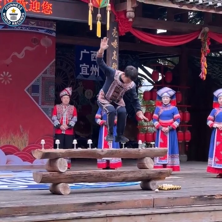 The most standing jumps onto a pair of raw eggs in one minute - 5 achieved by Lan Guangping (China)