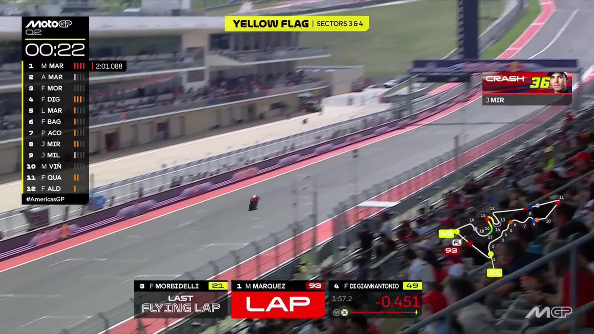 Yellow flags might be crucial here! Fabio Di Giannantonio's lap was cancelled and it's worth keeping an eye on Marc Márquez's 😱 #AmericasGP 🇺🇸