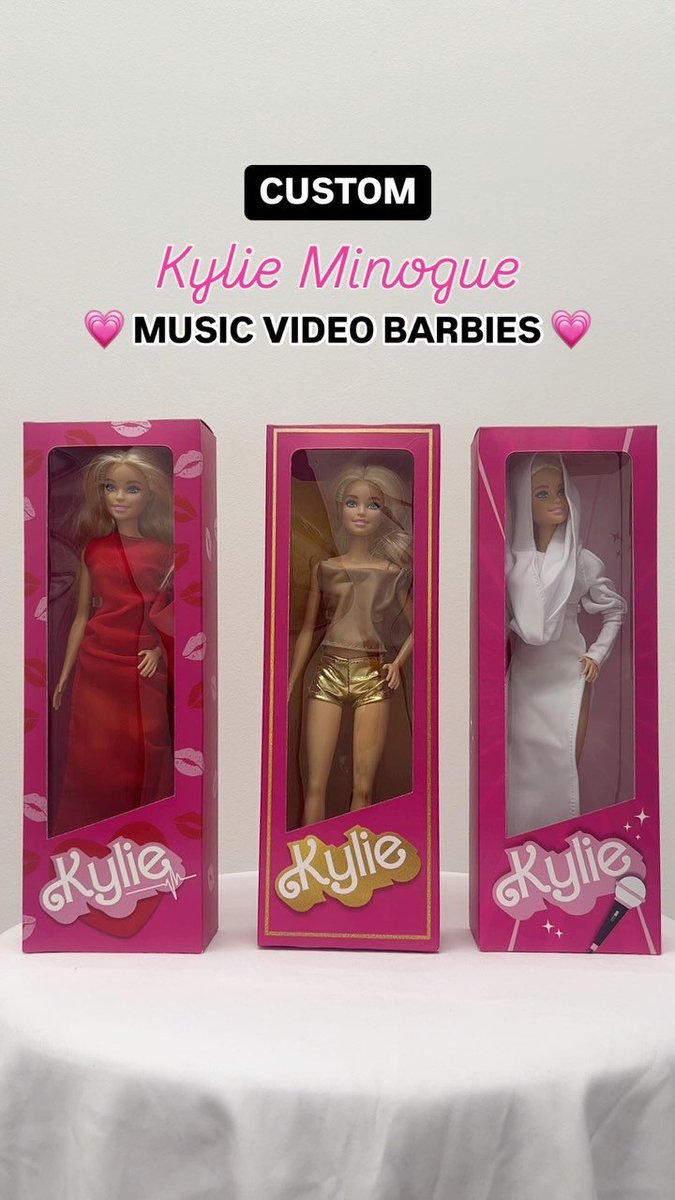 .Kylie Minogue’s iconic looks, Barbie style 💗✨ We honoured the pop queen with custom Barbies, each inspired by three of her legendary music video moments 👑 #KylieMinogue #Toronto #TensionTour