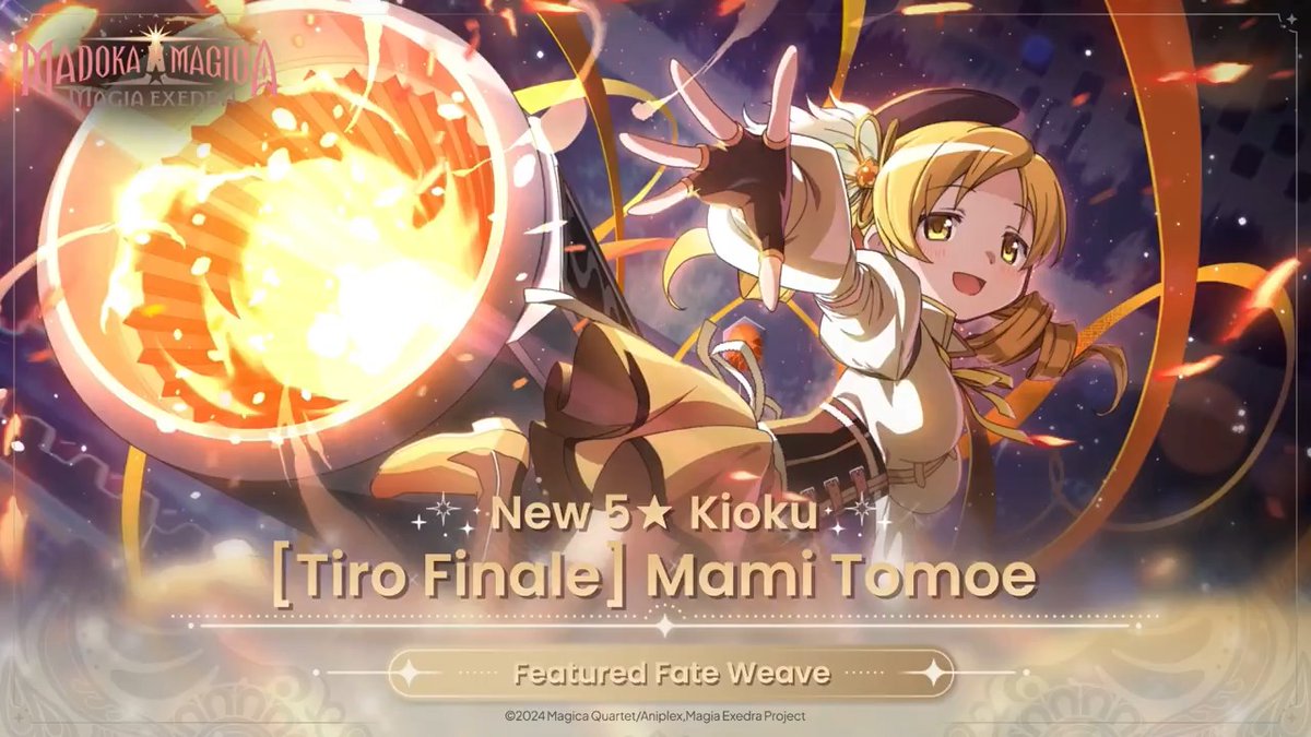 ✨️#MamiTomoe arrives in #madoka_exedra!✨️ "So this is how it feels to fight alongside friends!" Get the new 5★ Kioku [Tiro Finale] Mami Tomoe! (VA: #KaoriMizuhashi) 💛Featured Fate Weave Availability Period💛 3/30 12:00 ~ 4/14 11:59 (UTC+9)