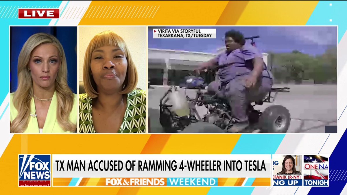 Tesla attack victim Virita Carstaffin reacts to a suspected vandal ramming her vehicle with a four-wheeler on 'FOX & Friends Weekend.'