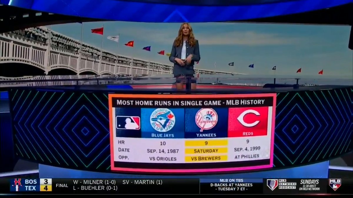 Fun fact - Prior to yesterday's homerfest in the Bronx, the 1999 Reds were the last team to homer 9 times in a game and current New York Yankees skipper Aaron Boone hit one of them! 📺 #QuickPitch | Abby Labar