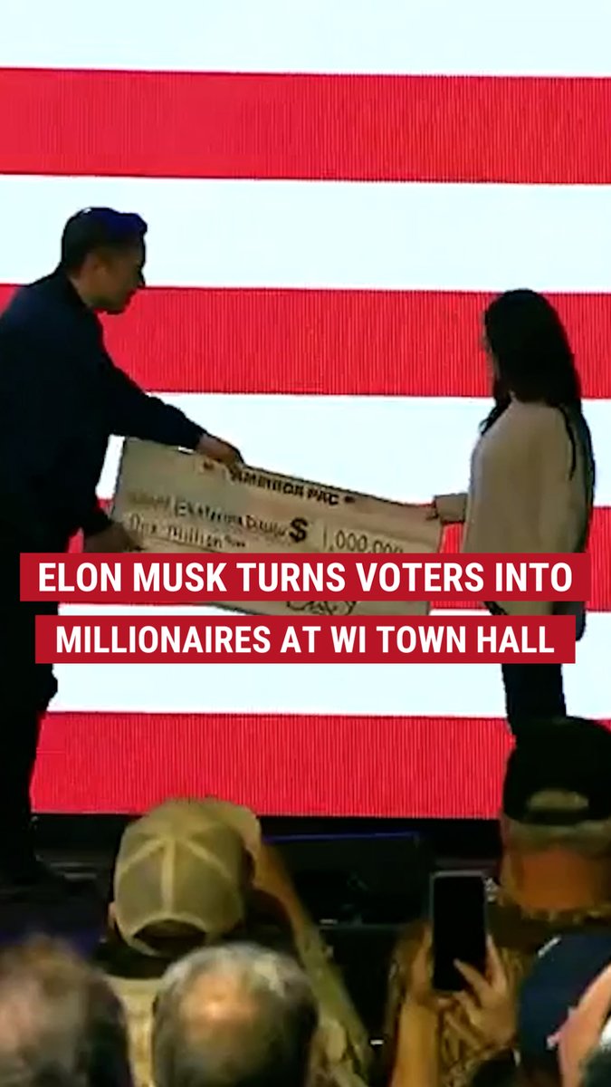 .Elon Musk hands out two $1,000,000 checks at Wisconsin town hall to raise awareness about high-stakes election to flip the state's supreme court from liberal to conservative.