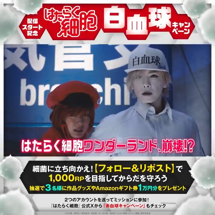 ⋱おうちで何度でも🎥⋰ 『#映画はたらく細胞』 ㊗デジタル先行配信記念キャンペーン!! ◤𝗠𝗜𝗦𝗦𝗜𝗢𝗡◢ 体内に侵入した敵を倒すのが白血球のお仕事⚪️ 白血球のように細菌に立ち向かえ⚔ ❶ フォロー ❷ リポストして撃破💥 𝟭𝟬𝟬𝟬リポストで目指せ健康💪 3名様に作品グッズ他を🎁