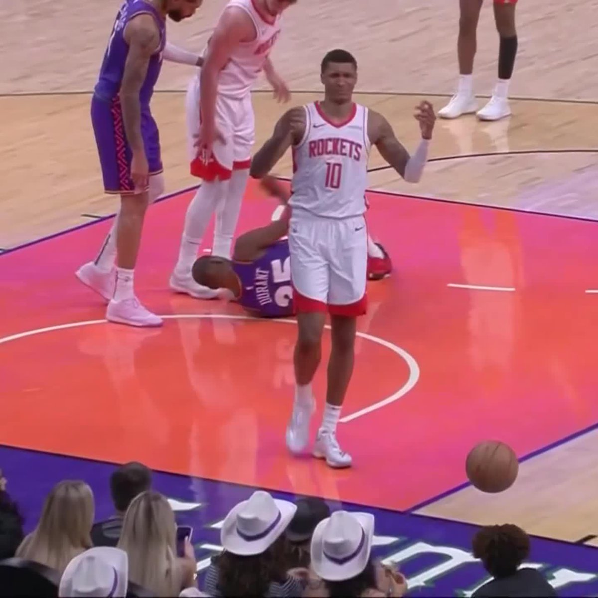 Kevin Durant left the game after injuring his ankle on this play.
