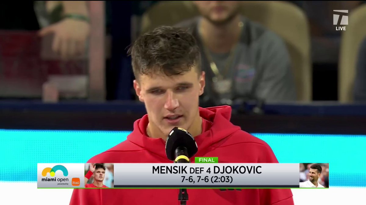 "Thank you so much for everything you've done for this sport" 🫂 Jakub Mensik shows appreciation for his idol Novak Djokovic following his #MiamiOpen victory 🫶
