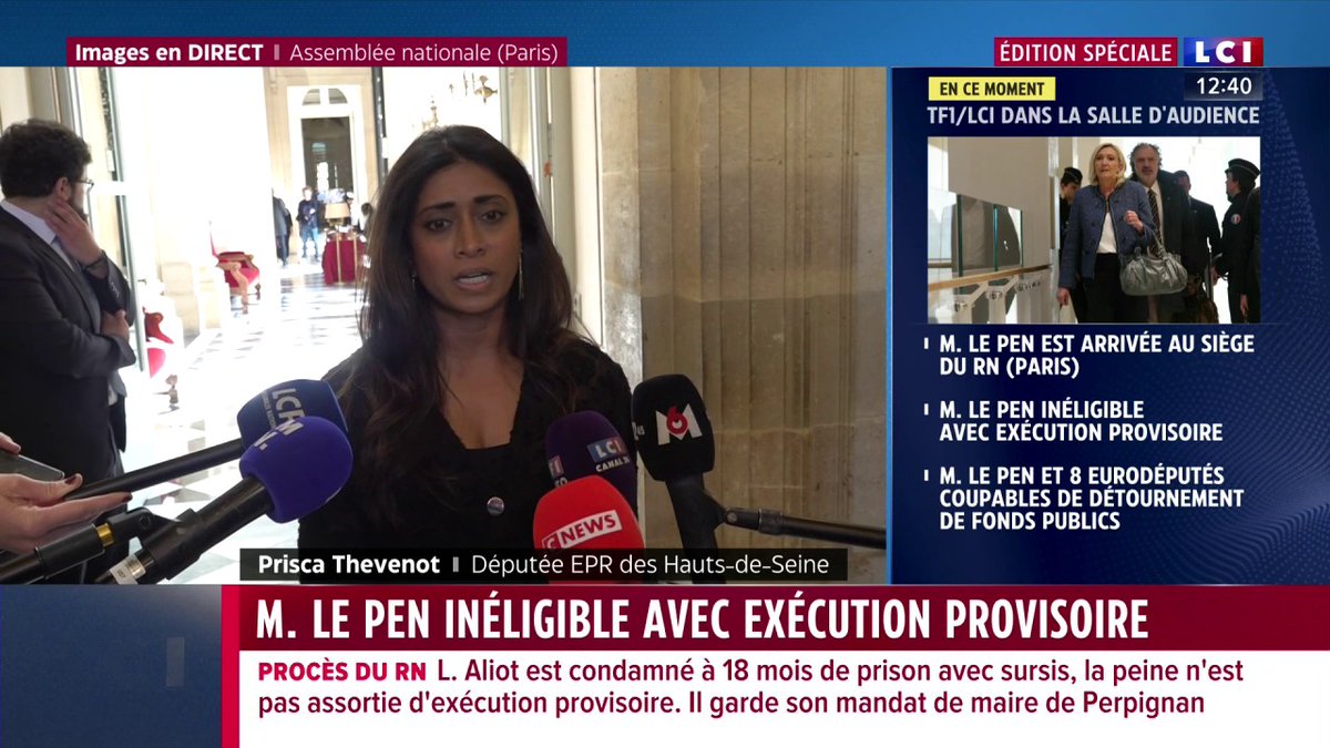 "La justice s'est prononcée et à ce titre nous devons la respecter (...) À partir de combien dans les sondages on estime qu'on est au-dessus des lois ?" ➡️ Prisca Thevenot réagit à la condamnation de Marine Le Pen dans l'affaire des assistants parlementaires du FN