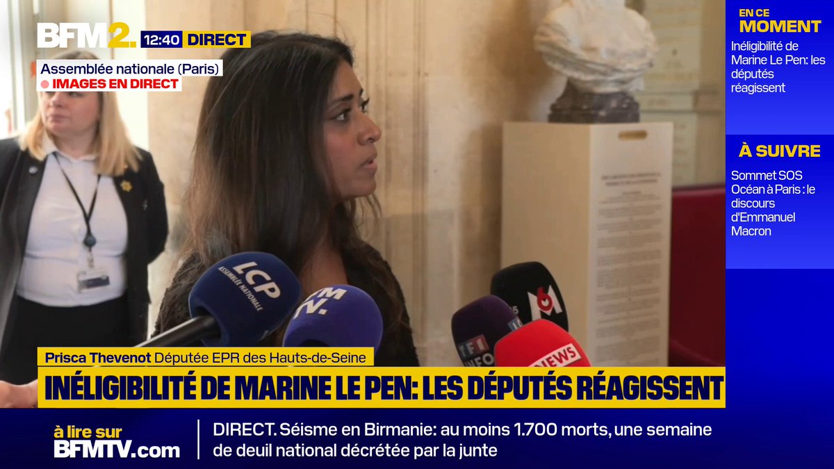💬 "À partir de combien dans les sondages on estime qu'on est au dessus des lois ? Nous sommes des citoyens comme les autres " Prisca Thevenot, députée EPR des Hauts-de-Seine, réagit à la condamnation de Marine Le Pen