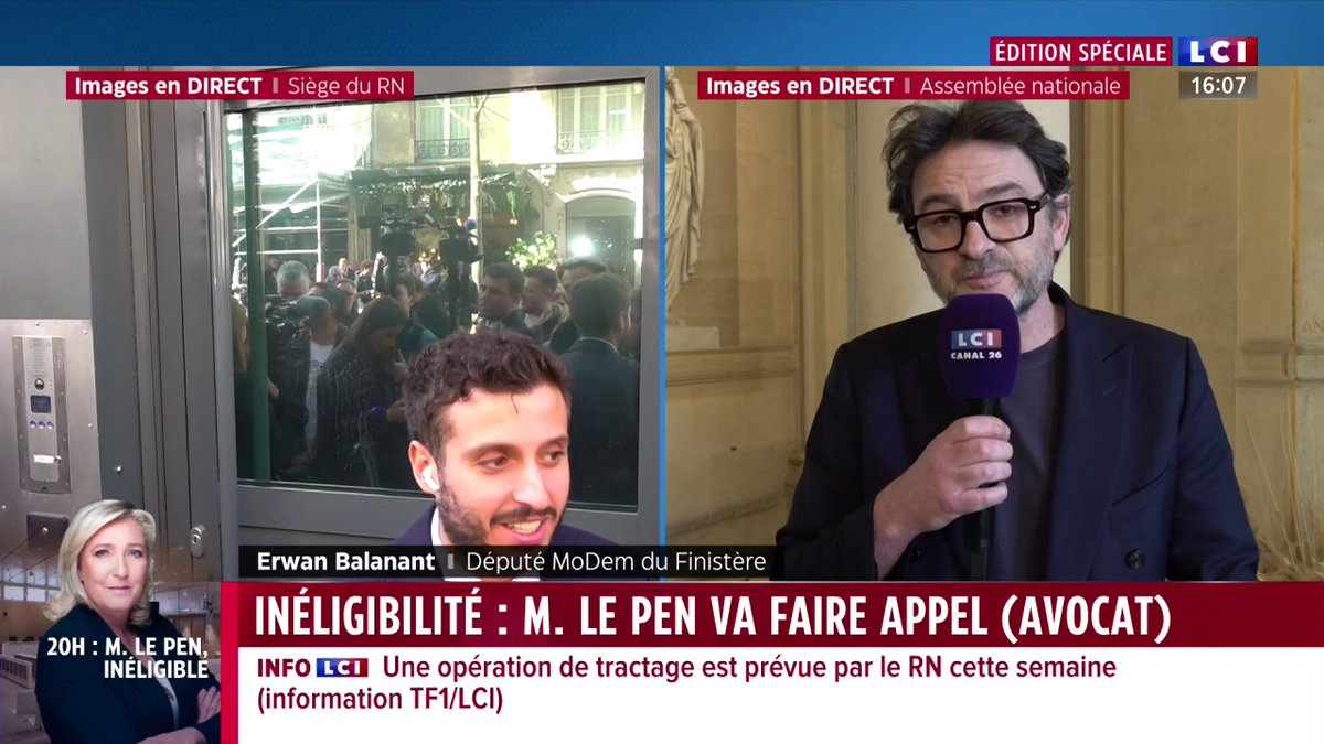 🔴 Marine Le Pen condamnée à 5 ans d'inéligibilité immédiate 🗣️ Erwan Balanant (Erwan Balanant), député Modem : "Ce n'est pas le RN qui est interdit d'avoir un candidat (...) Les Français comprendront que la loi est dure mais c'est la loi."