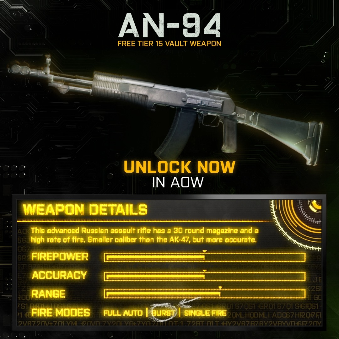 Unlock the latest Vault Weapon, the AN-94 for free by reaching tier 15 in the #Battlefield 2042 - War Machine Event Pass 🔫