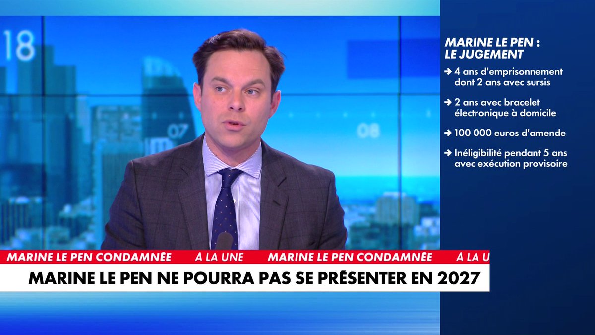 «Empêcher quelqu'un de se présenter à une élection présidentielle, c'est un scandale historique», dénonce Louis de Raguenel, journaliste, en réaction à la condamnation de Marine Le Pen à cinq ans d'inéligibilité, dans #Punchline