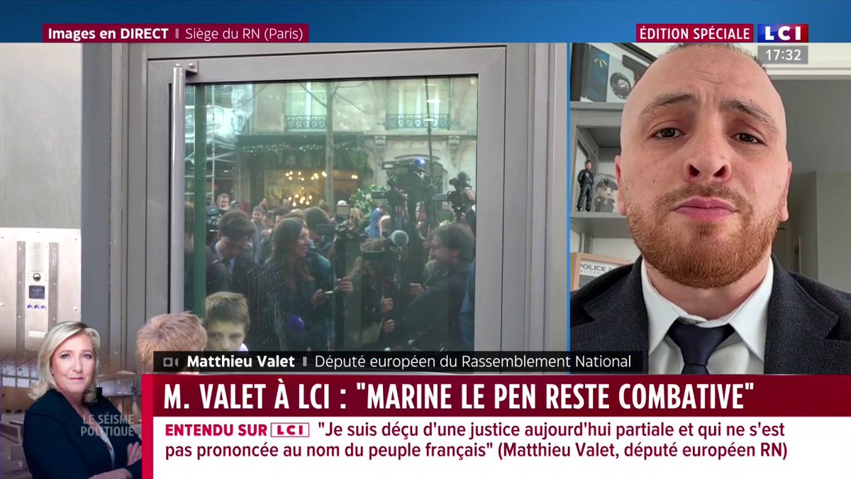 🔴 Marine Le Pen condamnée à 5 ans d'inéligibilité immédiate 🗣️ Matthieu Valet (Matthieu Valet), député européen du RN : "Marine Le Pen est traitée comme la pire des criminels. Il y a une justice à deux vitesses (...) La justice s'est acharnée sur Marine Le Pen."