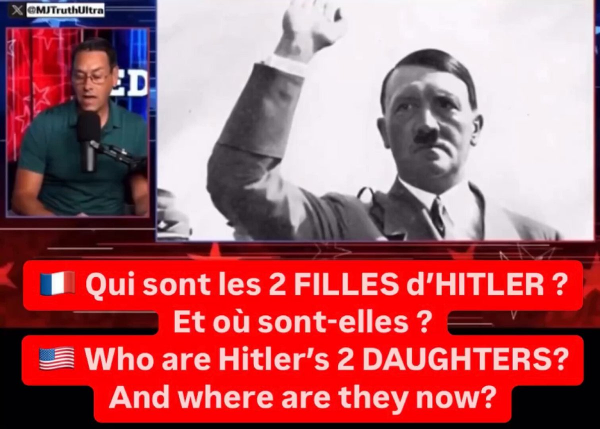 Post 🇫🇷 & 🇺🇸 🇫🇷🚨📣 Qui sont les 2 FILLES d’HITLER ? Et où sont-elles ? Le président argentin #JavierMilei ordonne la déclassification de documents sur les nazis ayant fui en Argentine après la Seconde Guerre mondiale, y compris des preuves suggérant que Hitler aurait survécu et vécu en Argentine pendant deux décennies. Les recherches affirment qu’Hitler aurait échappé à Berlin via des tunnels, pris des sous-marins, et se serait installé en Argentine avec des membres du Troisième Reich. La #CIA et le #FBI soutiennent cette théorie. Le crâne présenté comme celui d’Hitler serait en réalité celui d’une femme, et Staline en aurait parlé publiquement. Hitler aurait même eu deux filles en Argentine. Qui sont-elles et quel est leur héritage aujourd’hui ? ♦️ 🎥 MJThruthUltra (traduite par mes soins) ⚠️ Voir mon précédent post sur ce sujet suite à la déclassification de #JFK ➡️ 🇺🇸🚨📣 Who are Hitler’s 2 DAUGHTERS? And where are they now? Argentine President Javier Milei has ordered the declassification of documents on #Nazis who fled to Argentina after World War II, including evidence suggesting that Hitler may have survived and lived in Argentina for two decades. Research claims that Hitler escaped Berlin via tunnels, took submarines, and settled in Argentina with members of the Third Reich. Both the CIA and FBI support this theory. The skull presented as Hitler’s is actually that of a woman, and #Stalin publicly spoke about it. #Hitler is even said to have had two daughters in Argentina. Who are they, and what is their legacy today? ♦️ 🎥 MJTruthUltra (translated by me) ⚠️ See my previous post on this subject following the declassification of #JFK ➡️ 🇺🇸🦅🇫🇷 Sylvia Miami 🇫🇷🦅🇺🇸 🔴 Tous mes liens en un seul clic, suivez-moi / All my links ✅ Donald J. Trump Elon Musk General Mike Flynn #sylviamiami #News #Argentina #Declassification #JavierMilei #History #Staline #WorldWarII #HitlersDaughters #SecondeGuerreMondiale #LesFillesDHitler #JFKfiles #SecretFiles