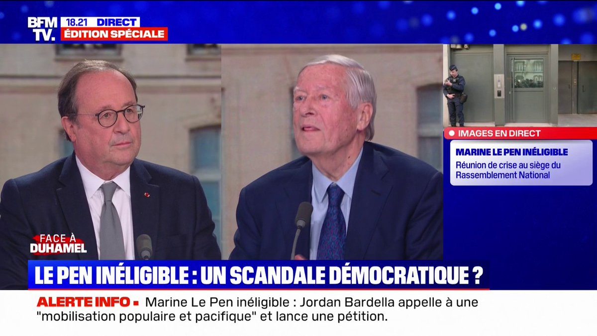 Marine Le Pen inéligible: "Je ne suis pas favorable à ce qu'il y ait dans ce contexte une dissolution de l'Assemblée nationale", affirme François Hollande
