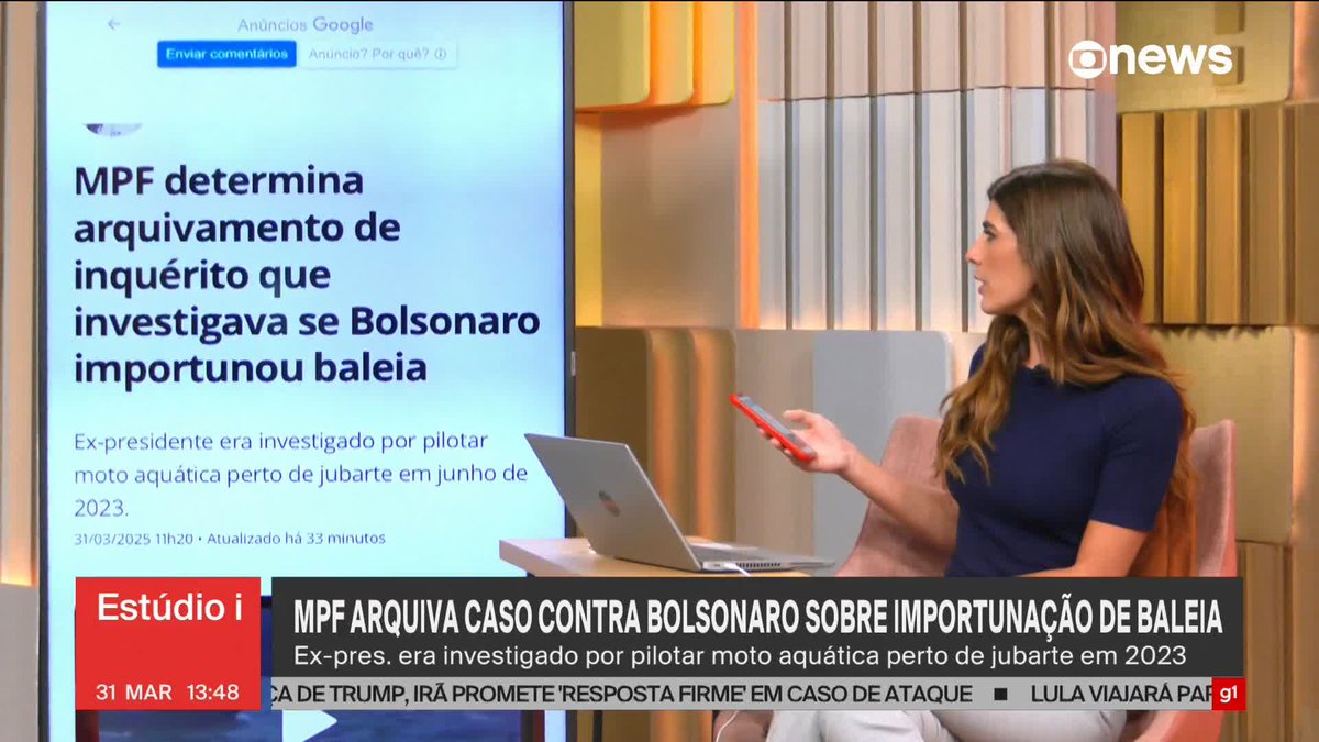 O MPF arquivou o inquérito que apurava se Jair Bolsonaro importunou uma baleia ao pilotar uma moto aquática perto dela em junho de 2023. Saiba mais no blog da Andréia Sadi no g1: ➡ Assista ao #Estúdioi: #GloboNews