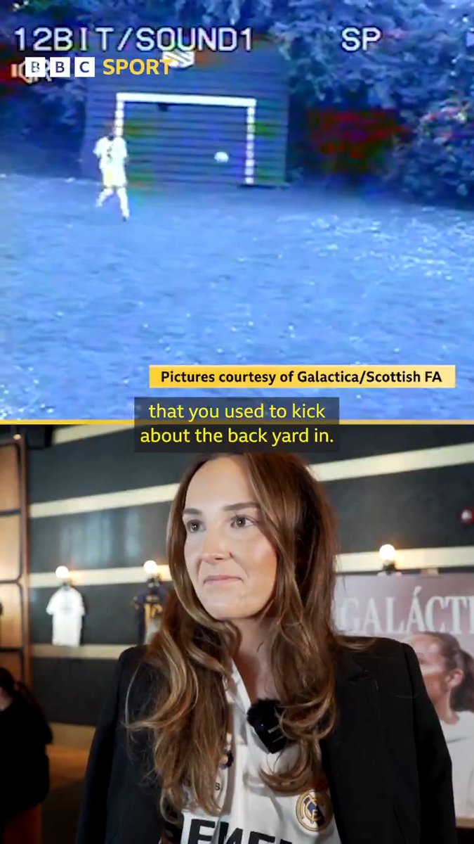 Then - Caroline Weir scoring goals in a Real Madrid top in her back garden as a young girl 🥹 Now - Caroline Weir wearing the same shirt, talking at the launch of a documentary about her, having played for Madrid for three years 🙌 #BBCFootball