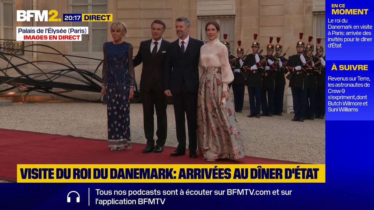 Frederik X et Mary de Danemark accueillis à l'Élysée par Emmanuel et Brigitte Macron pour le dîner d'État