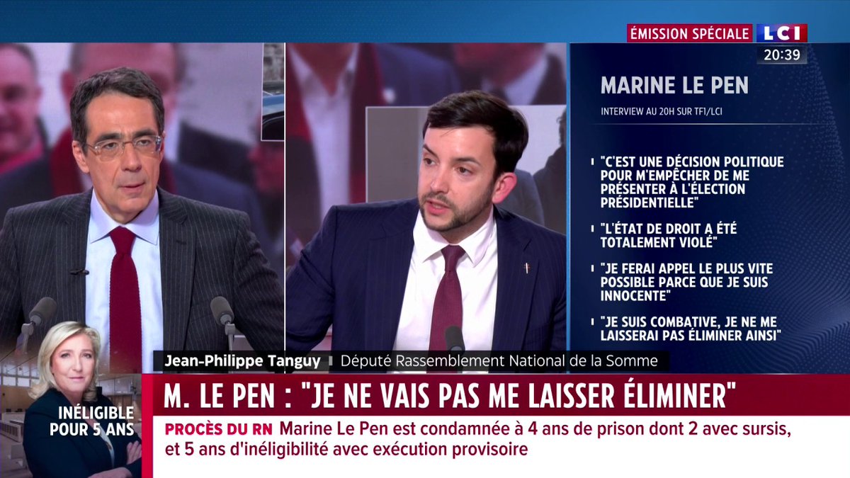 🔴 Marine Le Pen condamnée à 5 ans d'inéligibilité immédiate 🗣️ Jean-Philippe Tanguy (Jean-Philippe Tanguy Ⓜ️), invité de Darius Rochebin : "C'est la cheffe de l'opposition, la principale opposante à la macronie et aux différents gouvernements depuis 20 ans. Que dira-t-on à l'international ?"