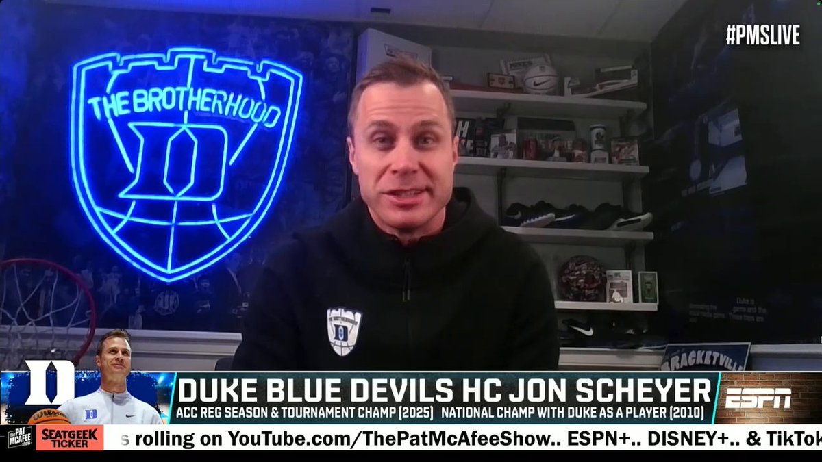 "They’re not afraid of the moment." Duke men's basketball head coach Jon Scheyer spoke on the "standard" Blue Devil players set for themselves this season 🔥 (via Pat McAfee)
