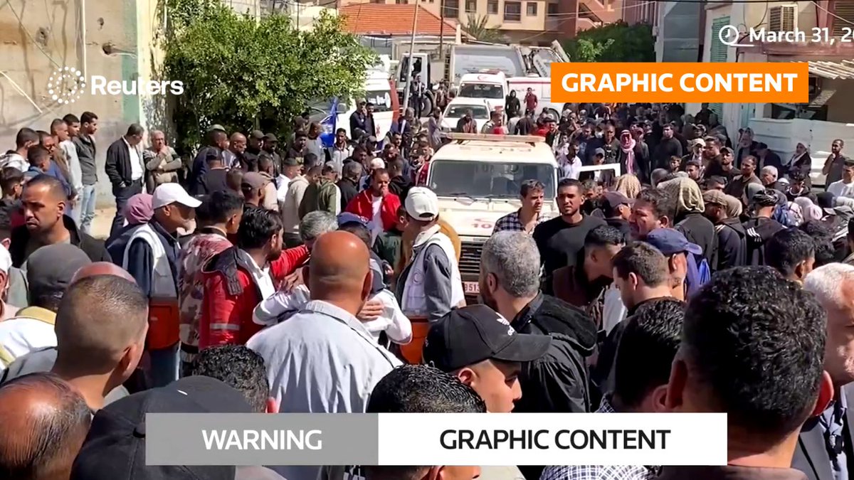 WARNING: GRAPHIC CONTENT The bodies of fifteen emergency and aid workers from the Red Crescent, Palestinian Civil Defense and the United Nations have been recovered from a grave in the sand in the south of the Gaza Strip, UN officials said