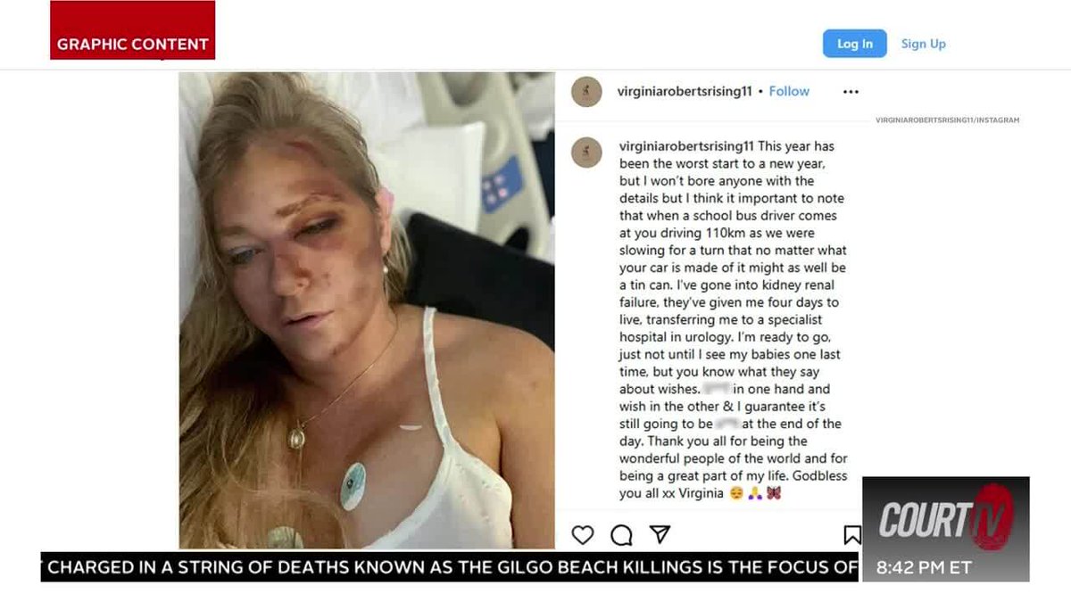 Jeffrey Epstein accuser Virginia Giuffre posted on Instagram that she was hit by a school bus and doctors have given her 4 days to live. #CourtTV What do YOU think? ⚖️