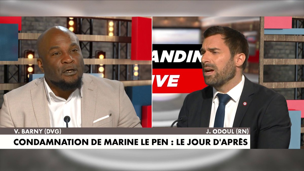 Large débat entre Valéry Barny et Julien Odoul à propos de la condamnation de Marine Le Pen et de son exécution provisoire dans #MorandiniLive