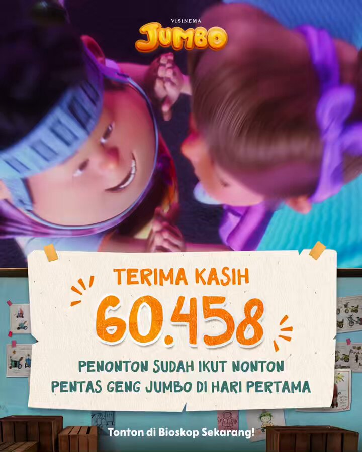 ALHAMDULILLAH. 🎉 60.458 PENONTON DI HARI PERTAMA!🎉 Terima kasih yaa. Dari tawa lepas, senyum hangat, hingga air mata haru—kisah JUMBO benar-benar hidup lewat kalian 💛 #FilmJUMBO sedang tayang di bioskop!