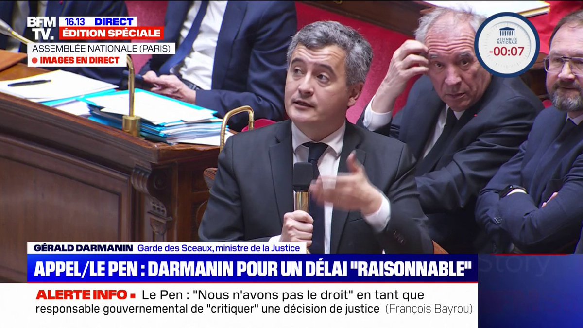 Marine Le Pen inéligible: "Il n'y pas une candidate du peuple, et des candidats pas du peuple, nous sommes tous ici élus par le peuple", affirme Gérald Darmanin, à l'Assemblée nationale