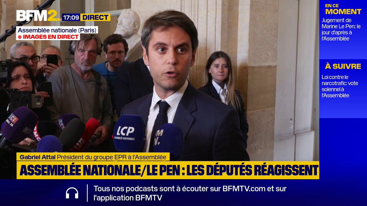 💬 "Un meeting contre l'indépendance de la justice" Gabriel Attal, président du groupe EPR à l'Assemblée, réagit à l'organisation par le RN d'un rassemblement en soutien à Marine Le Pen ce dimanche, le même jour qu'un meeting du parti Renaissance