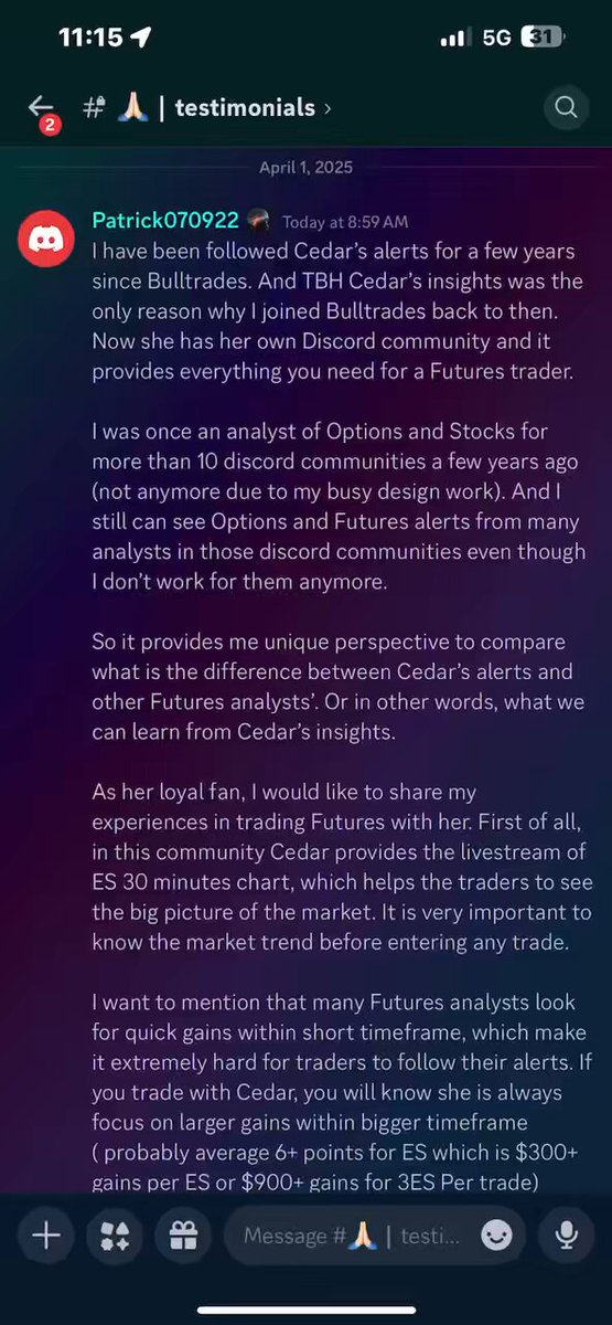 Member Testimonial: Patrick "I have followed Cedar’s alerts for a few years. And TBH Cedar’s insights was the only reason why I joined the old server back to then. Now she has her own Discord community and it provides everything you need for a Futures trader. I was once an analyst of Options and Stocks for more than 10 discord communities a few years ago (not anymore due to my busy design work). And I still can see Options and Futures alerts from many analysts in those discord communities even though I don’t work for them anymore. So it provides me unique perspective to compare what is the difference between Cedar’s alerts and other Futures analysts’. Or in other words, what we can learn from Cedar’s insights. As her loyal fan, I would like to share my experiences in trading Futures with her. First of all, in this community Cedar provides the livestream of ES 30 minutes chart, which helps the traders to see the big picture of the market. It is very important to know the market trend before entering any trade. I want to mention that many Futures analysts look for quick gains within short timeframe, which make it extremely hard for traders to follow their alerts. If you trade with Cedar, you will know she is always focus on larger gains within bigger timeframe ( probably average 6+ points for ES which is $300+ gains per ES or $900+ gains for 3ES Per trade) which makes it much easier to follow. Yes, sometimes it is unavoidable for alert delays due to the volatile Futures market. But most of time, you will find decent entries which are even better than her entries. As all experienced Futures traders know loss is part of trading journey. There are 2 different types of loss. One is temporary loss, in this case you should have patience and trust the process of Cedar’s alerts, unless it hits the stop loss or you get cut alerts from Cedar. From my own experiences, if you have enough patience and stick to her alerts, the big gains will surprise you. As I mention above, sometimes the loss is unavoidable due to volatile market conditions. But if you trade with Cedar, you will know you are always green or big green weekly and huge green monthly. TBH, Cedar is the most consistent Futures trader I ever seen in discord communities. Here is an example what we can achieve from following Cedar’s alerts. I have a TPT 150K Pro account with daily payouts. $16K banked in 7 trading days as the image showed below. Thanks Cedar for all your great efforts and insights!!!" 🎯 Voice & transcript, Livestream chart with all the levels I am executing off of & hours of educational streams that teach how I look at trades and set up my charts. #ES #NQ #SPY #QQQ #FuturesTrading