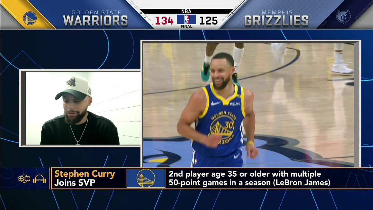 “I feel good physically. … I might need a little bit more extra ice postgame.” Steph Curry shares with Scott Van Pelt how he’s feeling after ANOTHER 50-point game 🔥
