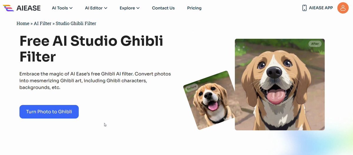 Convierte tus fotos en fascinantes obras de arte Ghibli, incluyendo personajes, fondos, etc con la IA de de AI Ease. Más sencillo imposible ⬇️