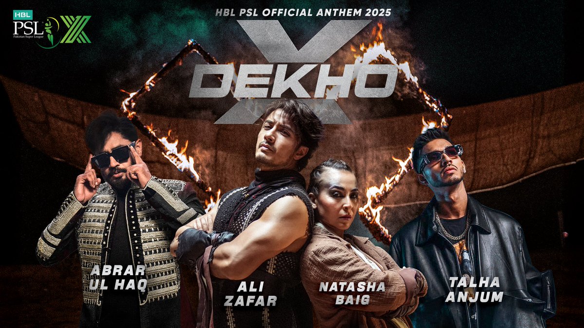 The wait is over! Presenting to you the Official #HBLPSLX Anthem 🤩🎶 “𝐗 𝐃𝐞𝐤𝐡𝐨” featuring Ali Zafar, Abrar Ul Haq, Talha Anjum and Natasha Baig 🎤 #ApnaXHai