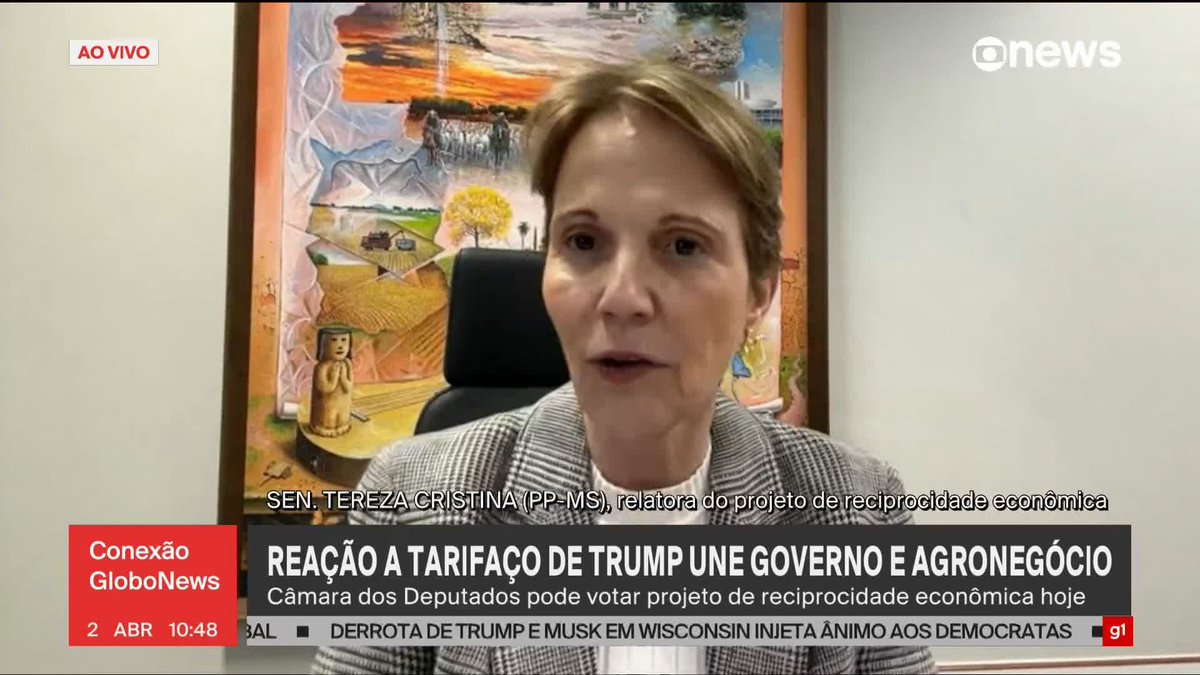 Tarifaço de Trump: senadora Tereza Cristina diz que, caso fosse ministra, “pegaria minha mala amanhã e ia para os EUA, sentar lá para discutir com o governo americano as tarifas mais justas possíveis para as duas partes”. ➡ Assista ao #ConexãoGloboNews: #GloboNews